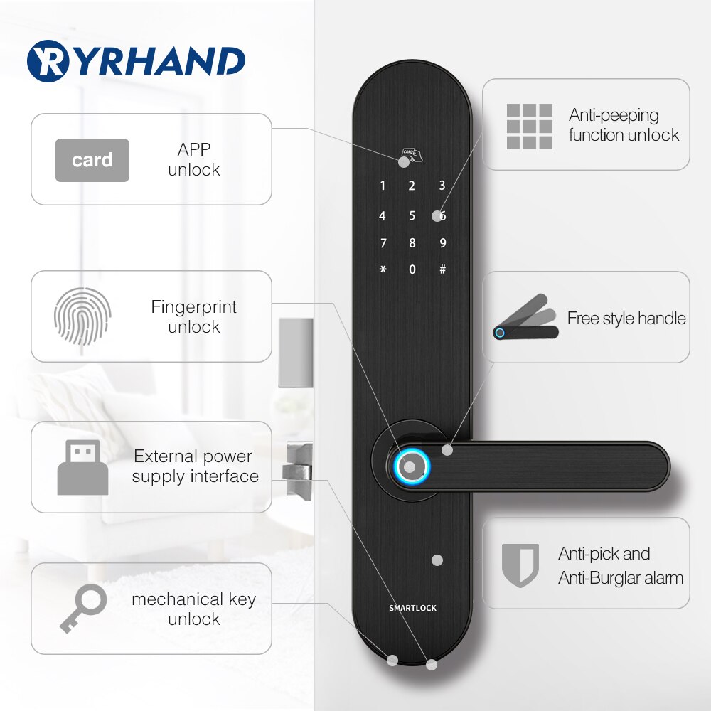 YRHAND Biometric Fingerprint Lock, Security Intelligent Lock With WiFi APP Password RFID Unlock,Door Lock Electronic Hotels - Image 3
