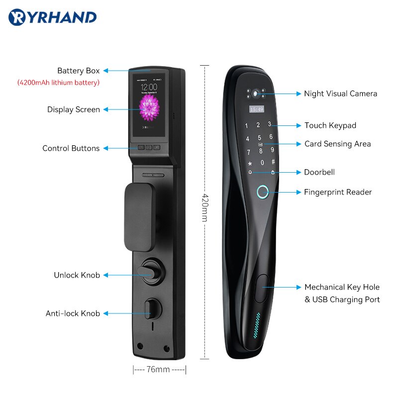 YRHAND cerraduras inteligentes Security Biometric Fingerprint Digital Smart Front Door Lock with Camera and Audio - Image 2