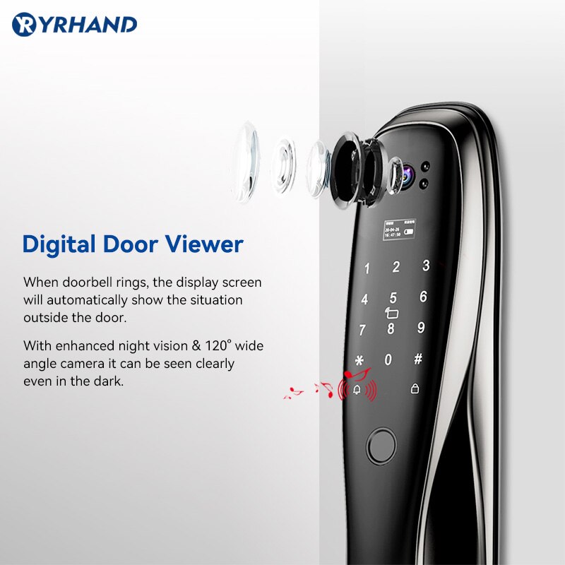 YRHAND cerraduras inteligentes Security Biometric Fingerprint Digital Smart Front Door Lock with Camera and Audio - Image 5